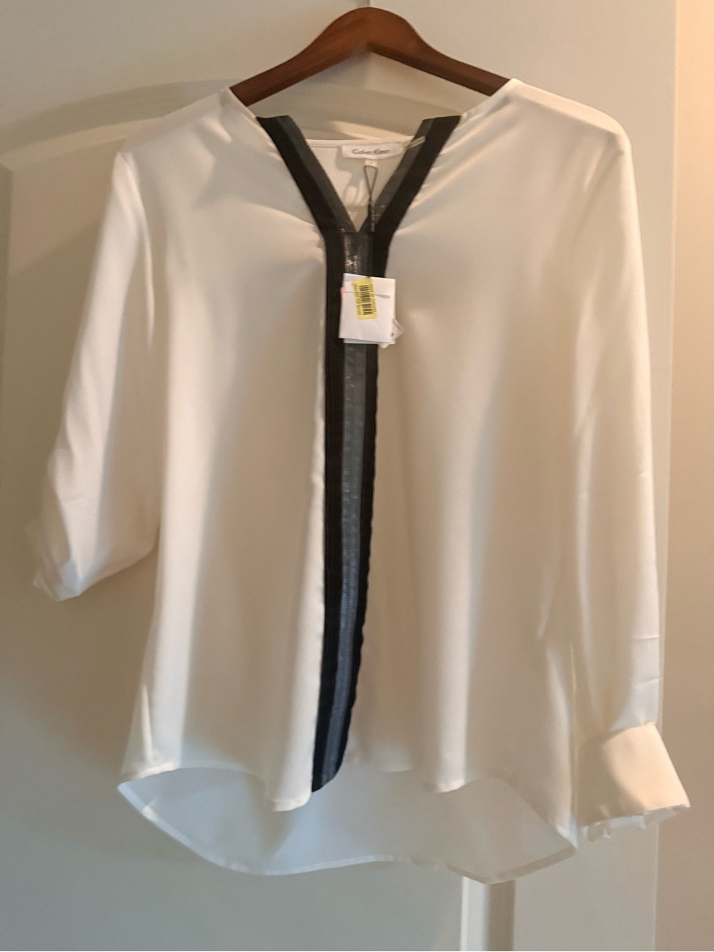 Calvin Klein White Blouse with Black Center Trim